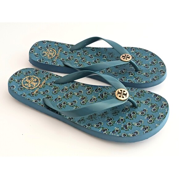 Tory Burch Flip Flops Cornflower Blue Printed Insole Gold Logo 1/2" Strap 9M - Picture 6 of 9